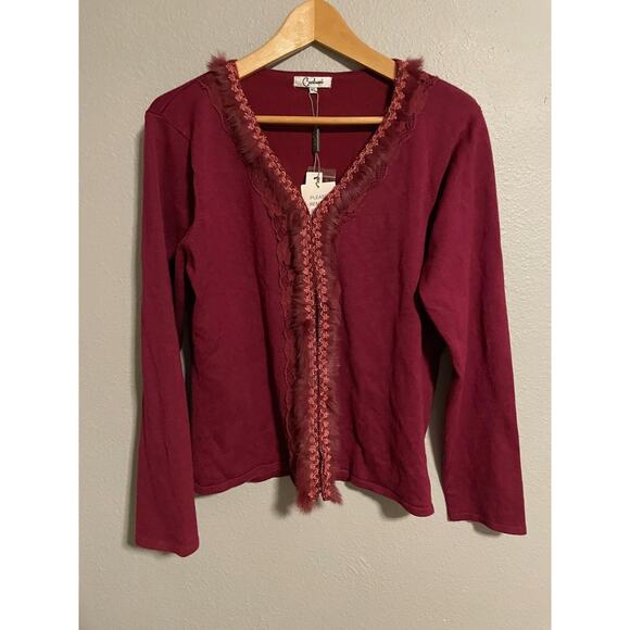 Vintage Carducci Womens Cardigan Size XL Maroon Embroidered Faux Fur Y2K NWT - Picture 1 of 7